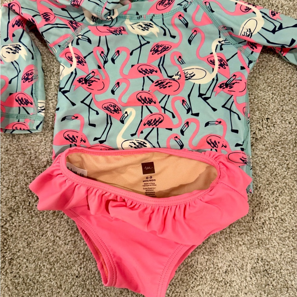 Tea Collection Girls Flamingo Rashguard Set - Aqua & Pink